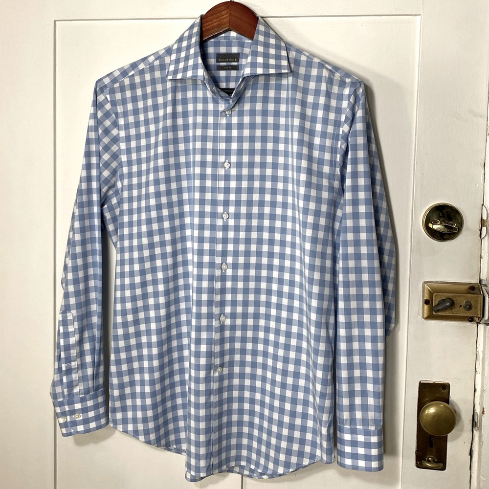Calibrate Trim Fit Blue White Gingham Check Dress Shirt 15 1/2" 32-33